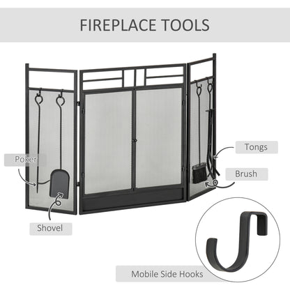 HOMCOM 3 Panel Folding Fireplace Screen with 4 Tools Set, Steel Mesh Spark Guard with Double Door for Open Fire, Log Burner, 122W x 80H cm, Black