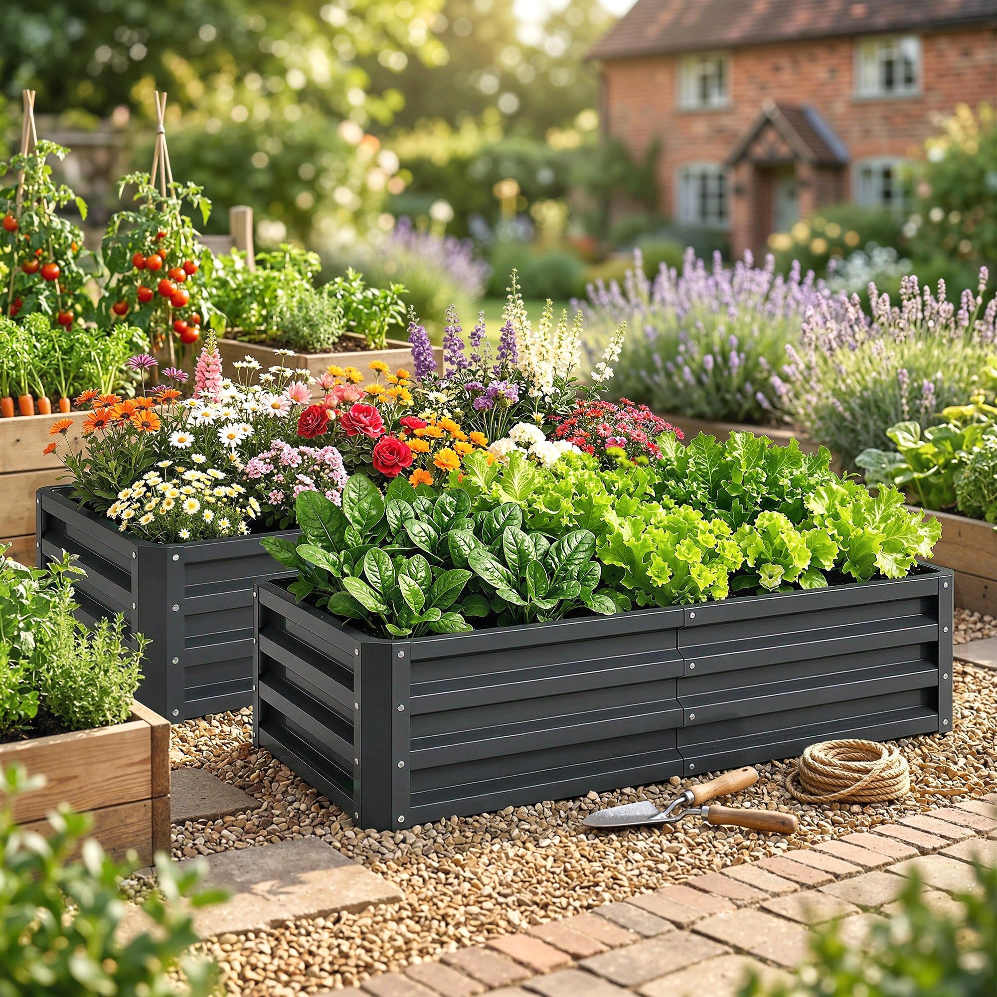 Outsunny Set of 2 Raised Beds for Garden, Galvanised Outdoor Planters for Herbs Vegetables, Use for Patio Balcony, Grey 