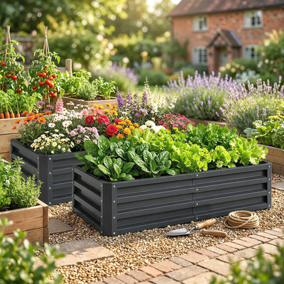 Outsunny Set of 2 Raised Beds for Garden, Galvanised Outdoor Planters for Herbs Vegetables, Use for Patio Balcony, Grey 
