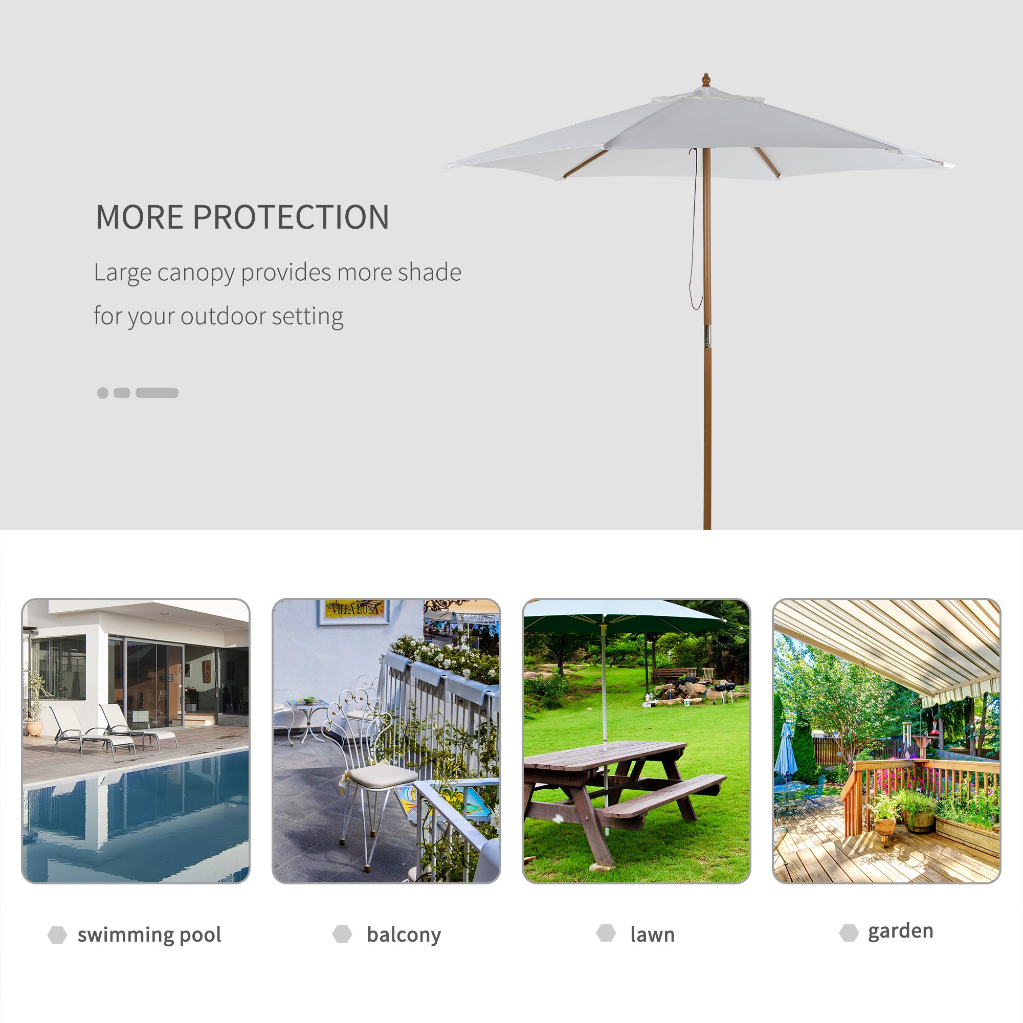 Outsunny 2.5m Patio Umbrella, Wood Garden Parasol, Sun Shade with 6 Ribs and Top Vent for Outdoor, White 