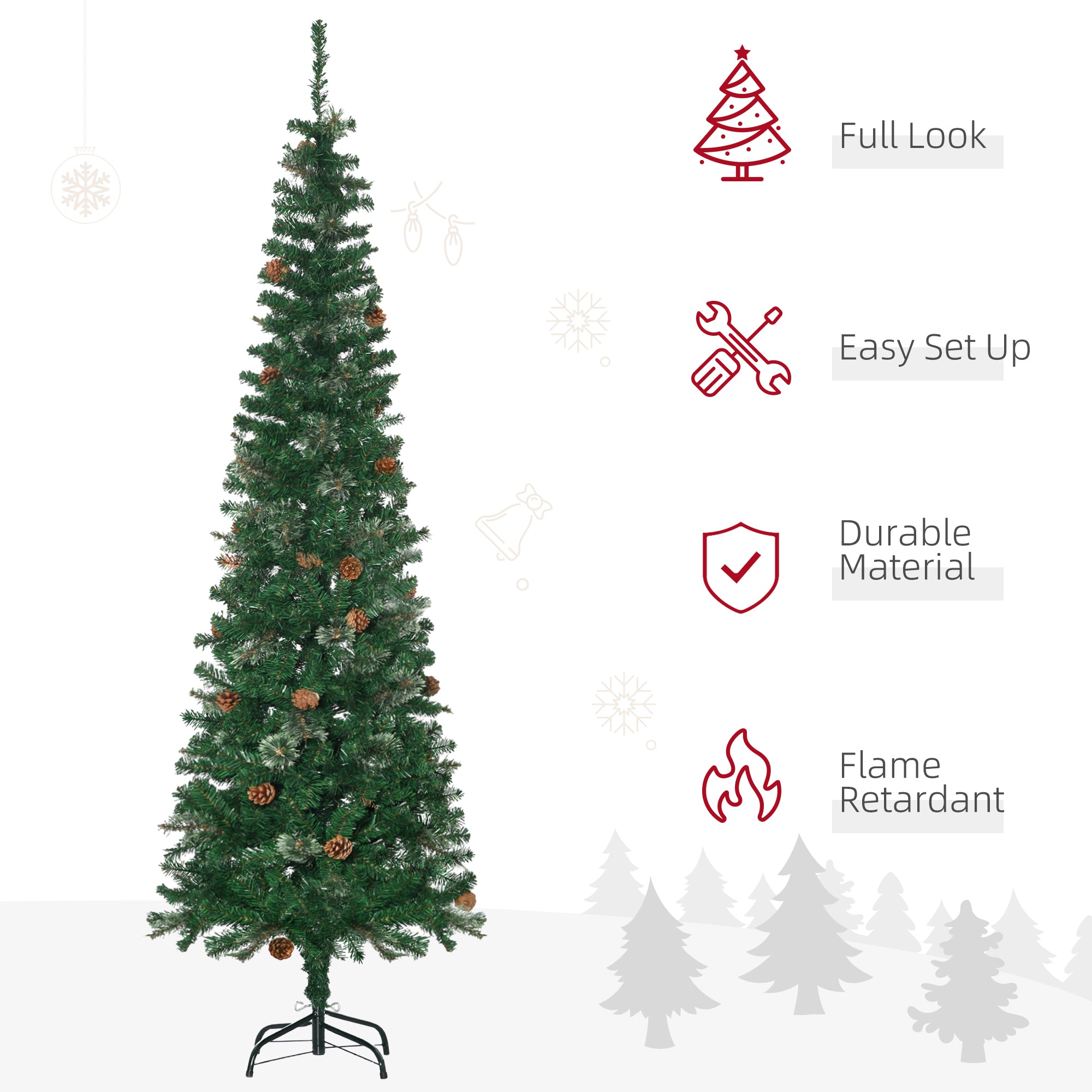 HOMCOM 6.5FT Tall\'c2\'a0Pencil Slim Artificial Christmas Tree with\'c2\'a0Realistic\'c2\'a0Branches, Tip Count and Pine Cones, Pine Needles Tree, Xmas\'c2\'a0Decoration, Green