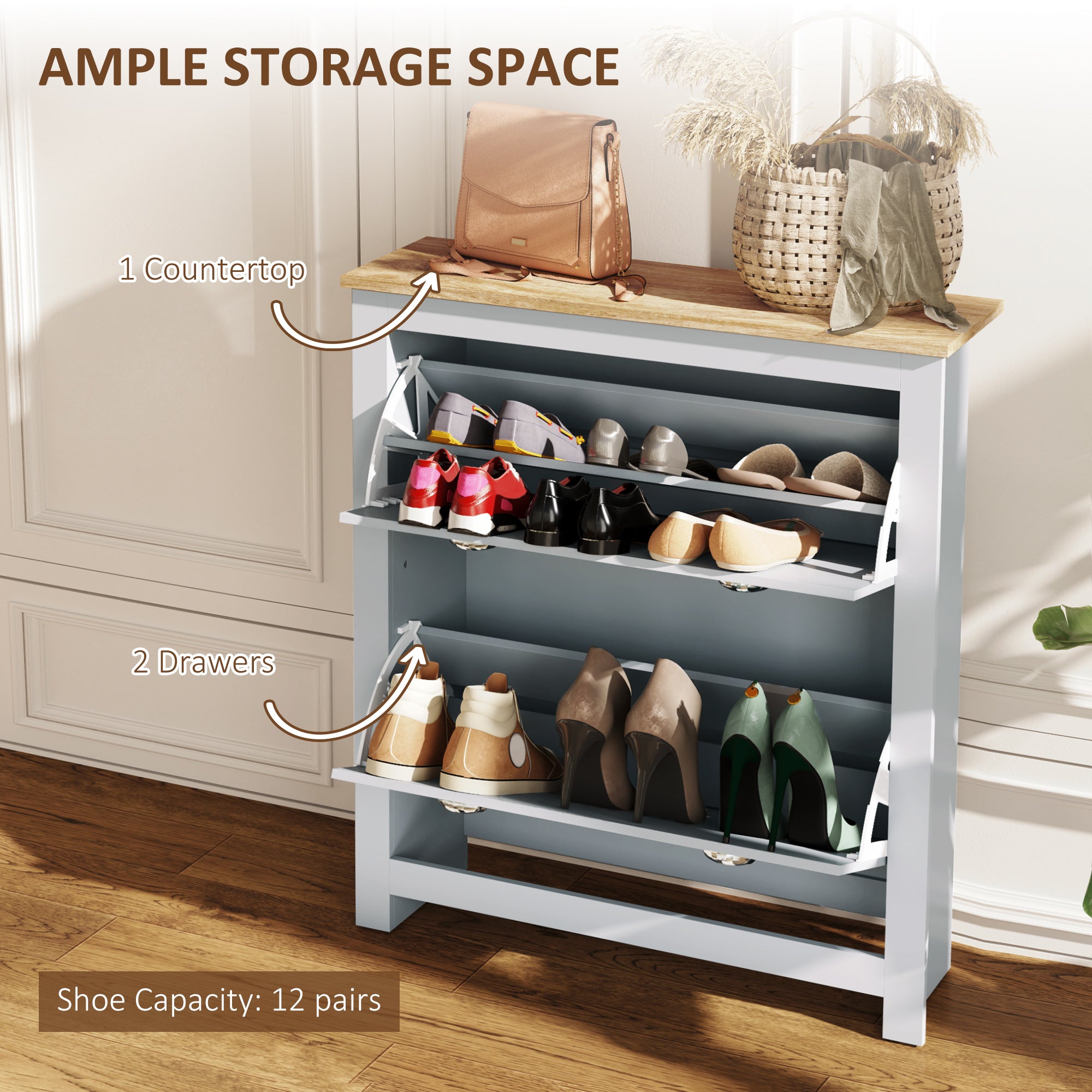 HOMCOM 2 Drawer Shoe Cabinet Modern Narrow Shoe Cupboard Hallway Wooden Storage Organiser with Flip Doors Adjustable Shelf for 6-12 Pairs, Grey