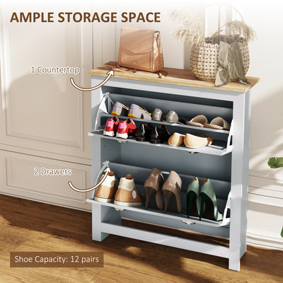 HOMCOM 2 Drawer Shoe Cabinet Modern Narrow Shoe Cupboard Hallway Wooden Storage Organiser with Flip Doors Adjustable Shelf for 6-12 Pairs, Grey 