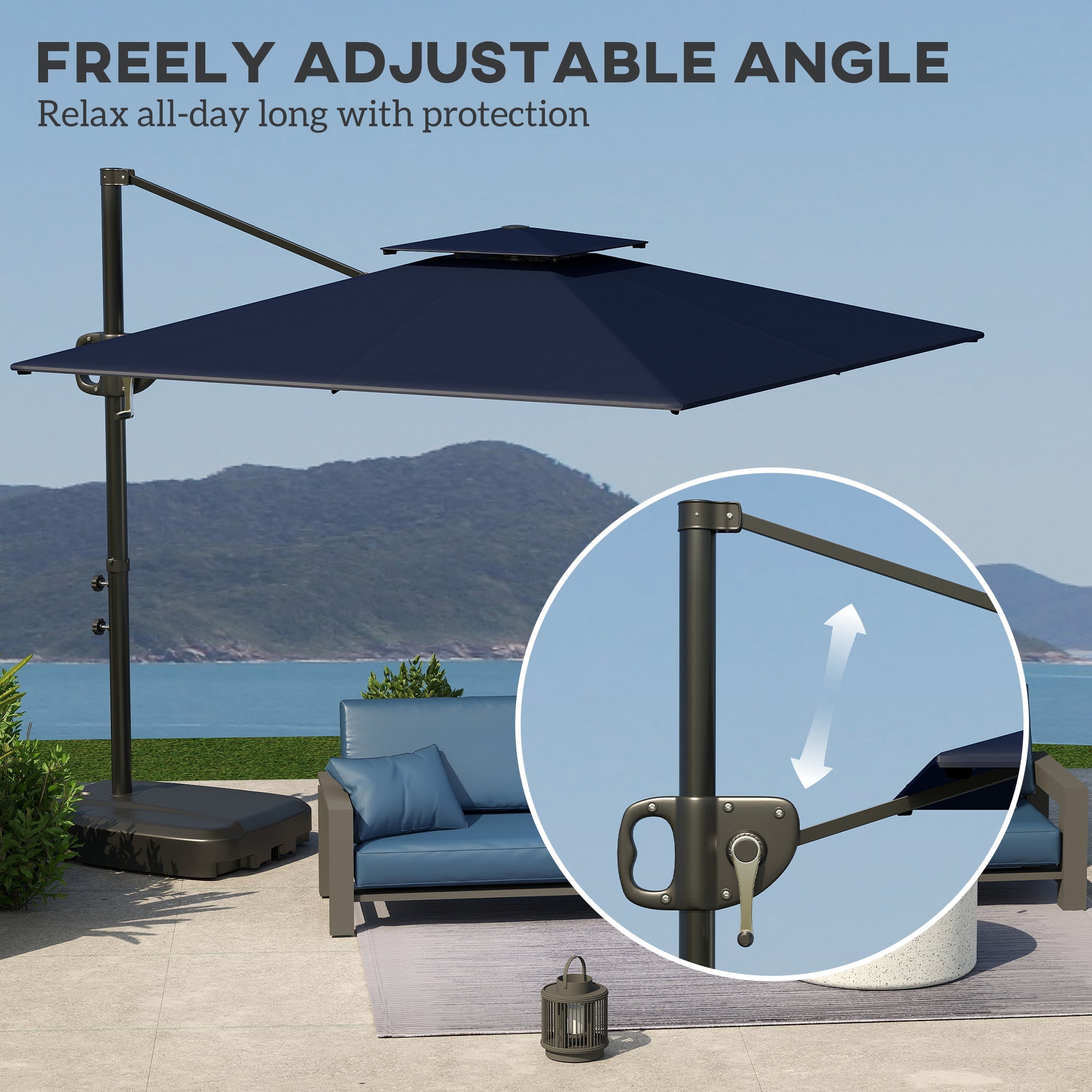 Outsunny Cantilever Parasol with Weighted Base Double Top Garden Parasol Square Hanging Patio Umbrella with Crank Tilt Dark Blue 