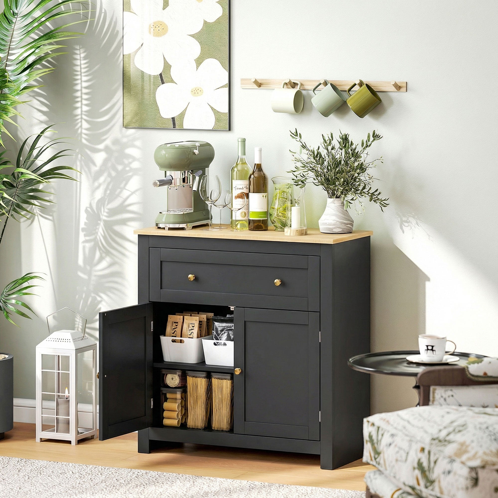 HOMCOM Sideboard Storage Cabinet, Modern Kitchen Cupboard with Adjustable Shelf, Drawer and Double Doors, Black 