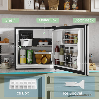 HOMCOM 46 Litre Table Top Mini Fridge, Small Fridge with Ice Box, Reversible Door, Adjustable Temperature and Legs for Bedrooms, Home Office, Silver Tone 