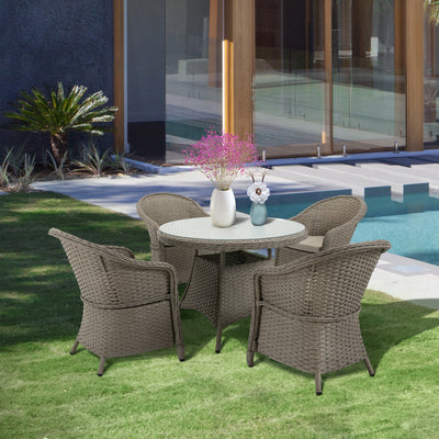 Outsunny 4 Seater Rattan Garden Furniture Set with Cushions, Round PE Rattan Dining Set with Glass-Top Table, Umbrella Hole, Outdoor Garden Table and Chairs, Mixed Grey 