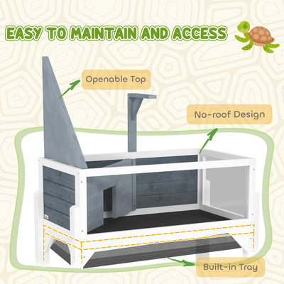 PawHut Wooden Tortoise House with Storage Shelf, Clear Observation Windows, Lamp Holder, Openable Top, Built-in Tray, Grey 