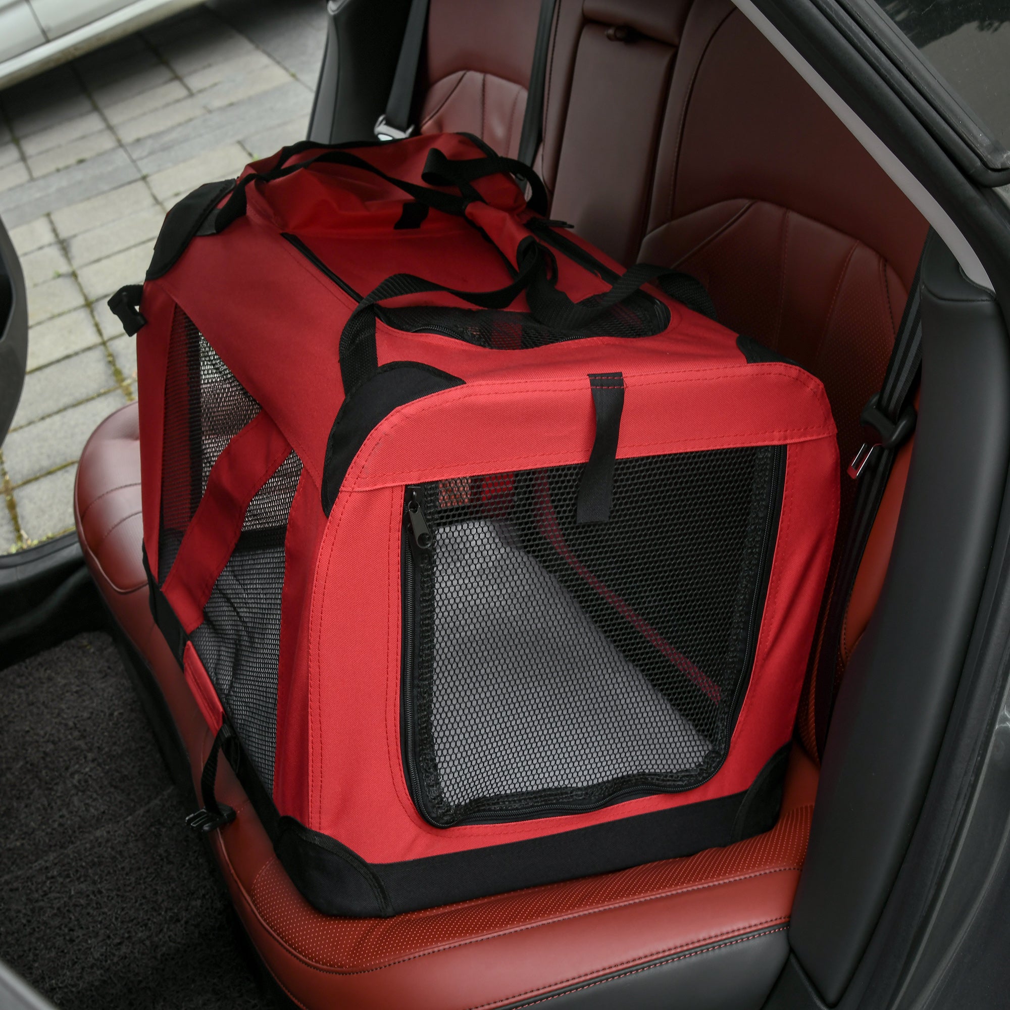 PawHut Foldable Pet Carrier for Small and Miniature Dogs, Portable Cat Carrier Soft Side Pet Travel Crate with Removable Mat, Storage Bags, Breathable Mesh Window 60 x 42 x 42cm - Red 