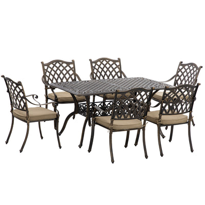 Outsunny 7 PCs Garden Patio Dining Set with Parasol Hole, Cast Aluminium Outdoor Furniture Set with Six Cushioned Chairs and Rectangle Dining Table, for Garden, Lawn, Deck, Bronze Tone 