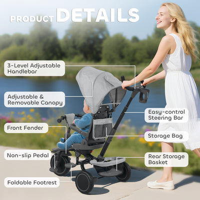 AIYAPLAY 6 in 1 Foldable Kids Trike with Adjustable Parent Handle & Canopy for Ages 1-5, Grey 