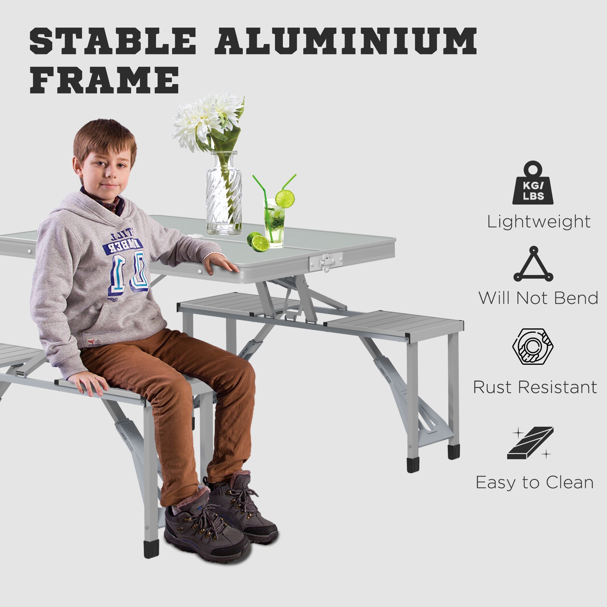 Outsunny Folding Picnic Table with 4 Seats and Umbrella Hole - Grey 