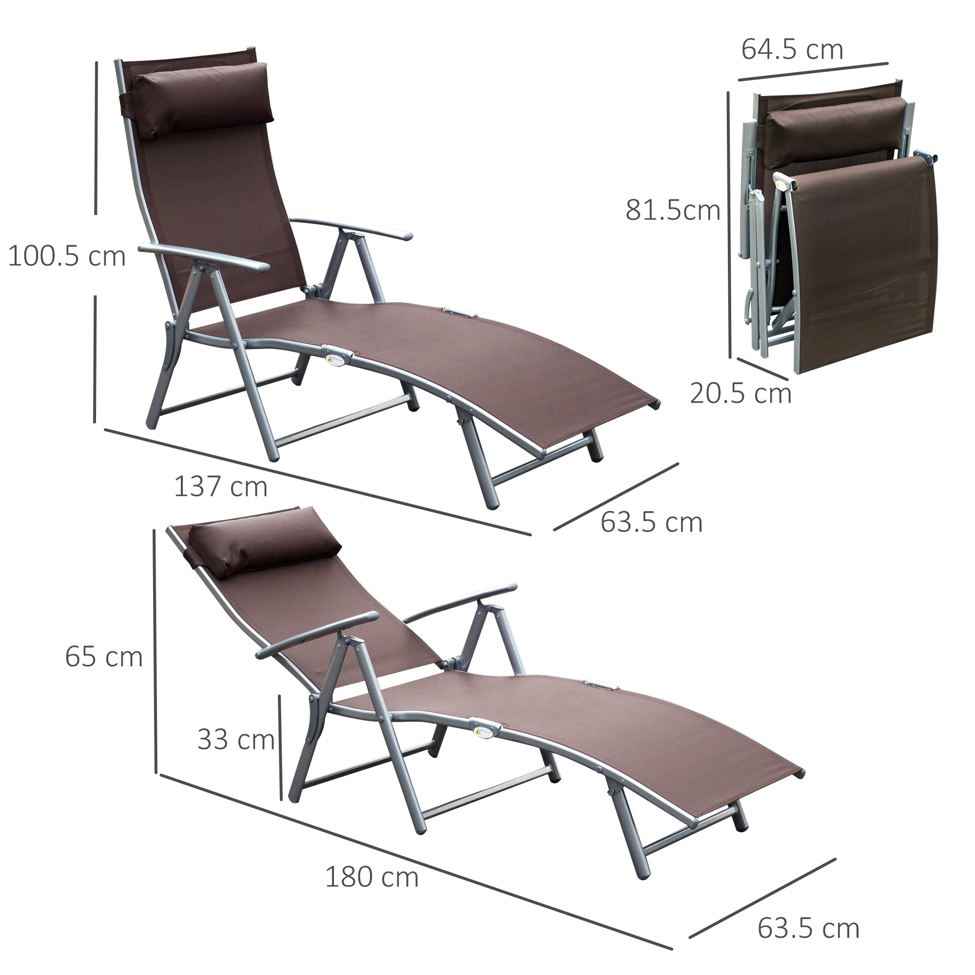 Outsunny Sun Lounger Steel Frame Outdoor Folding Chaise Texteline Lounge Chair Recliner with Headrest & 7 Levels Adjustable Backrest, Brown 