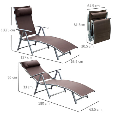 Outsunny Sun Lounger Steel Frame Outdoor Folding Chaise Texteline Lounge Chair Recliner with Headrest & 7 Levels Adjustable Backrest, Brown 