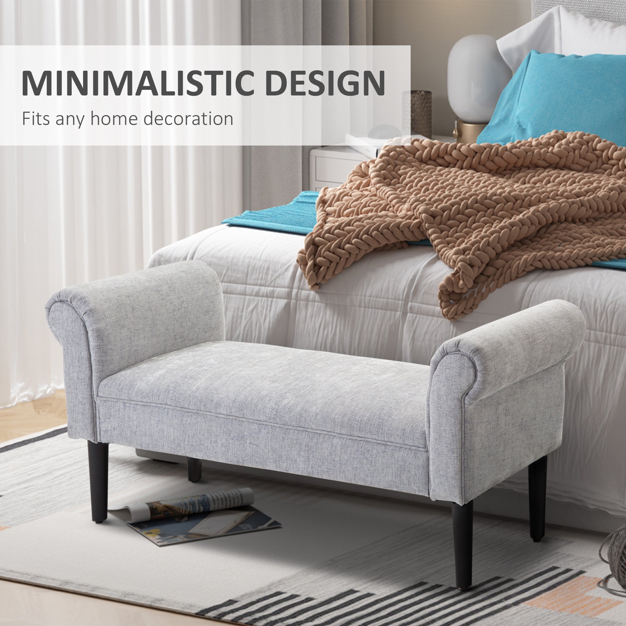 HOMCOM Bed End Bench, Window Seat, Linen Chaise Lounge Sofa with Arm and Wooden Legs for Bedroom, Living Room, Grey
