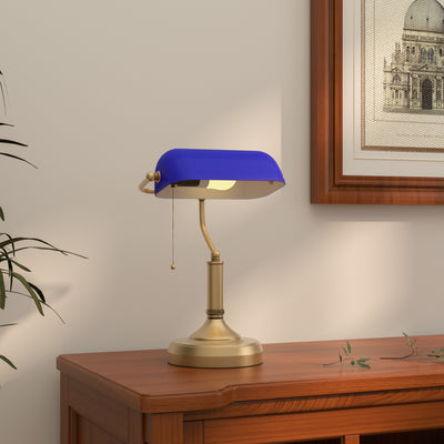 HOMCOM Banker's Desk Lamp with Antique Bronze Tone Base, Table Lamp with Blue Glass Shade for Home Office, Blue 