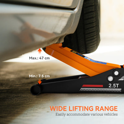 HOMCOM 2.5 Ton Hydraulic Low-Profile Floor Jack, with 7.5-47cm Lifting Range, Wheels, Orange 