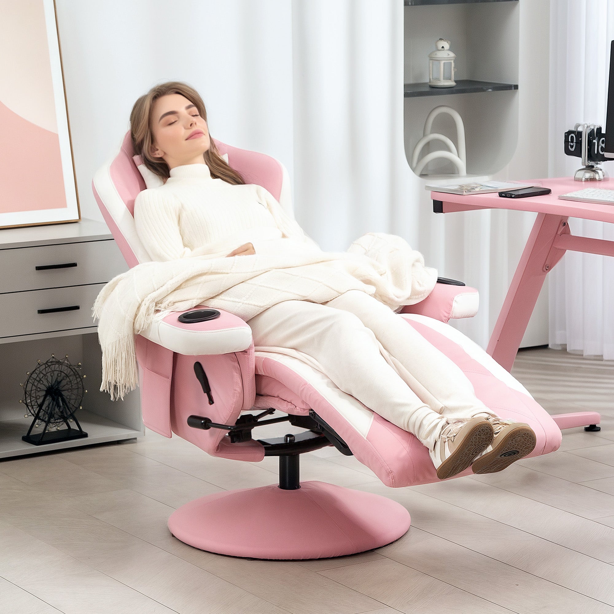 HOMCOM Manual Recliner Armchair PU Leather Lounge Chair w Adjustable Leg Rest, 135\'c2\'b0 Reclining Function, 360\'c2\'b0 Swivel, Pink