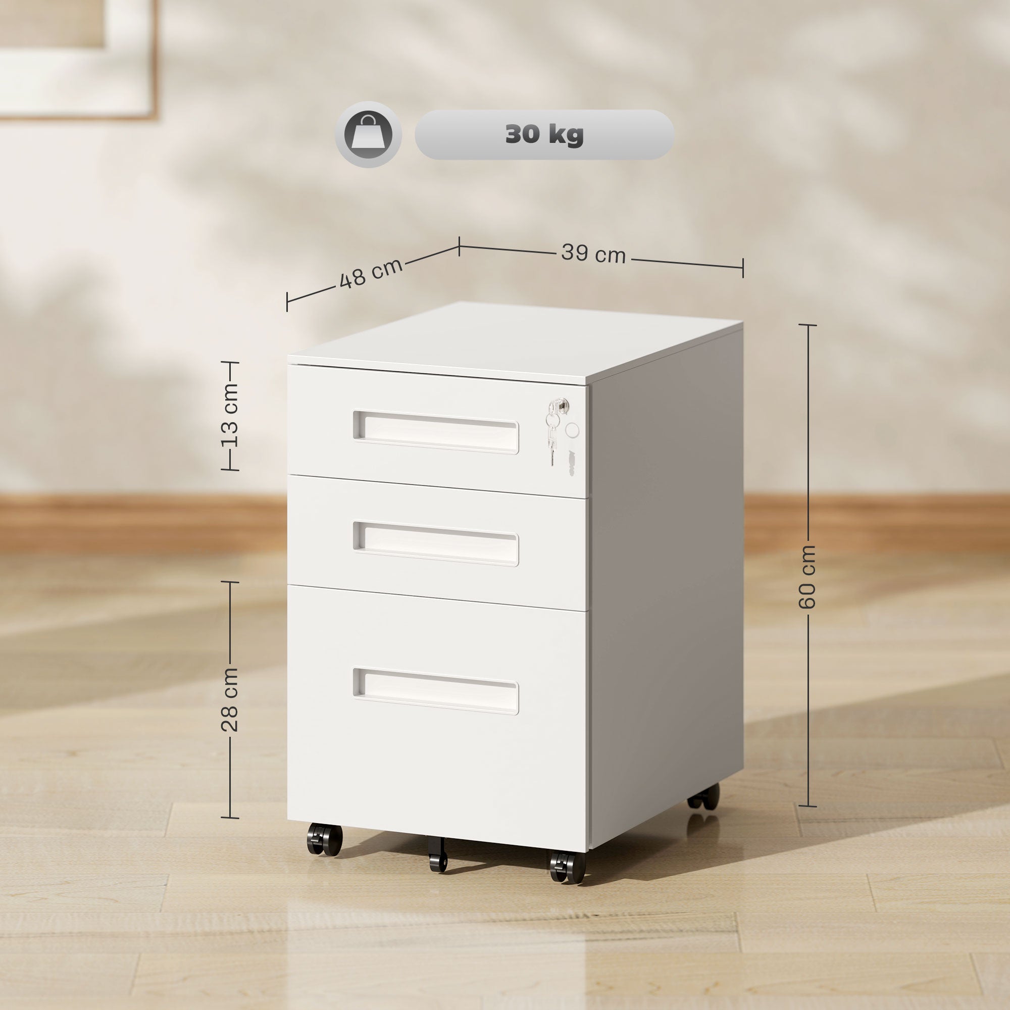 Vinsetto Metal Mobile File Cabinet with Wheels, Lockable 3 Drawer Filing Cabinet for A4, Legal, Letter, Under Desk Storage Unit with Pre-Assembled Body for Home Office, 39 x 48 x 60cm, White 