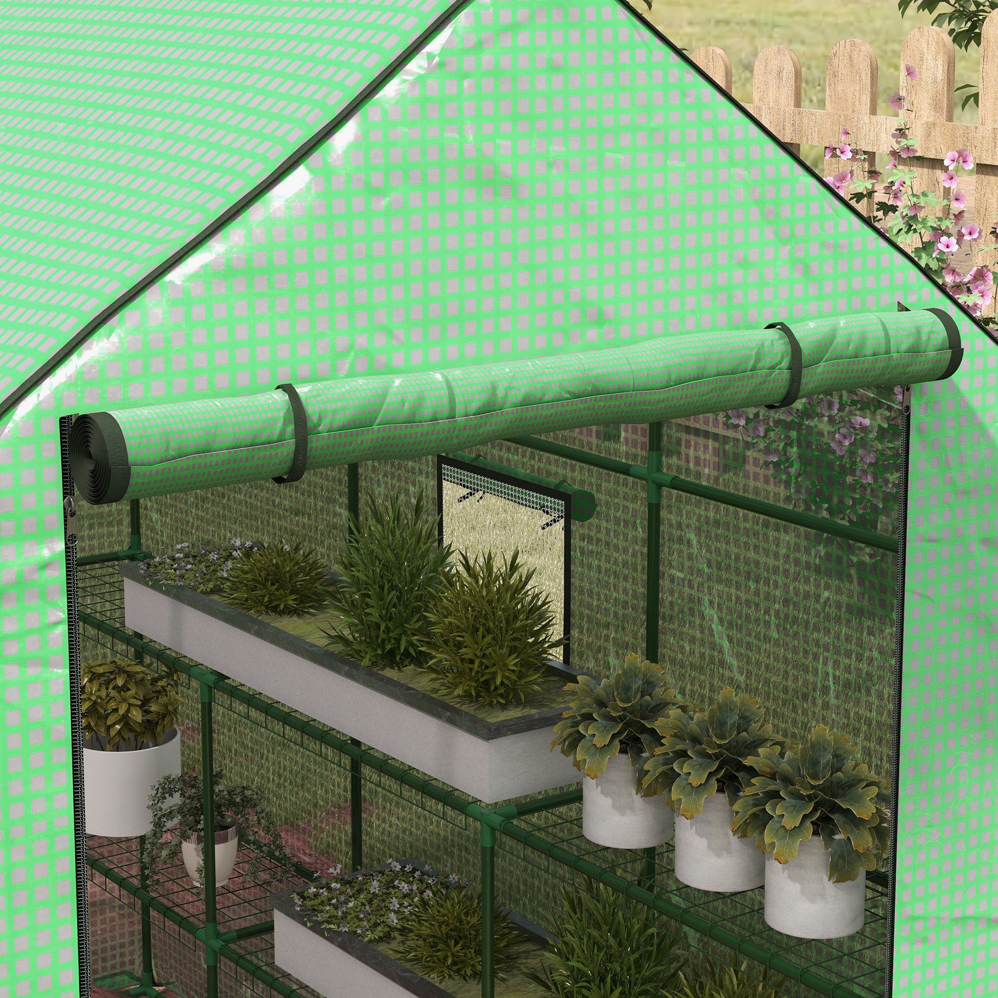Outsunny Walk-in Greenhouse with 3 Tier 12 Shelves, Small Greenhouse with Reinforced PE Cover, Garden Plant Growhouse with Roll-up Door and Three Mesh Windows, 140 x 213 x 190 cm, Green 