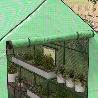 Outsunny Walk-in Greenhouse with 3 Tier 12 Shelves, Small Greenhouse with Reinforced PE Cover, Garden Plant Growhouse with Roll-up Door and Three Mesh Windows, 140 x 213 x 190 cm, Green 