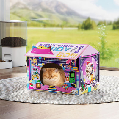 PawHut 2 in 1 Gaming Style Cardboard Cat House with Scratching Board & Catnip for Indoor Cats, Pink 