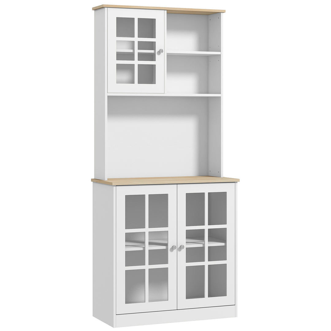 HOMCOM Freestanding Kitchen Cupboard, Storage Cabinet with Doors and Adjustable Shelves, Counter Top, Grid Glass Doors, 80L x 37W x 183H cm - White 