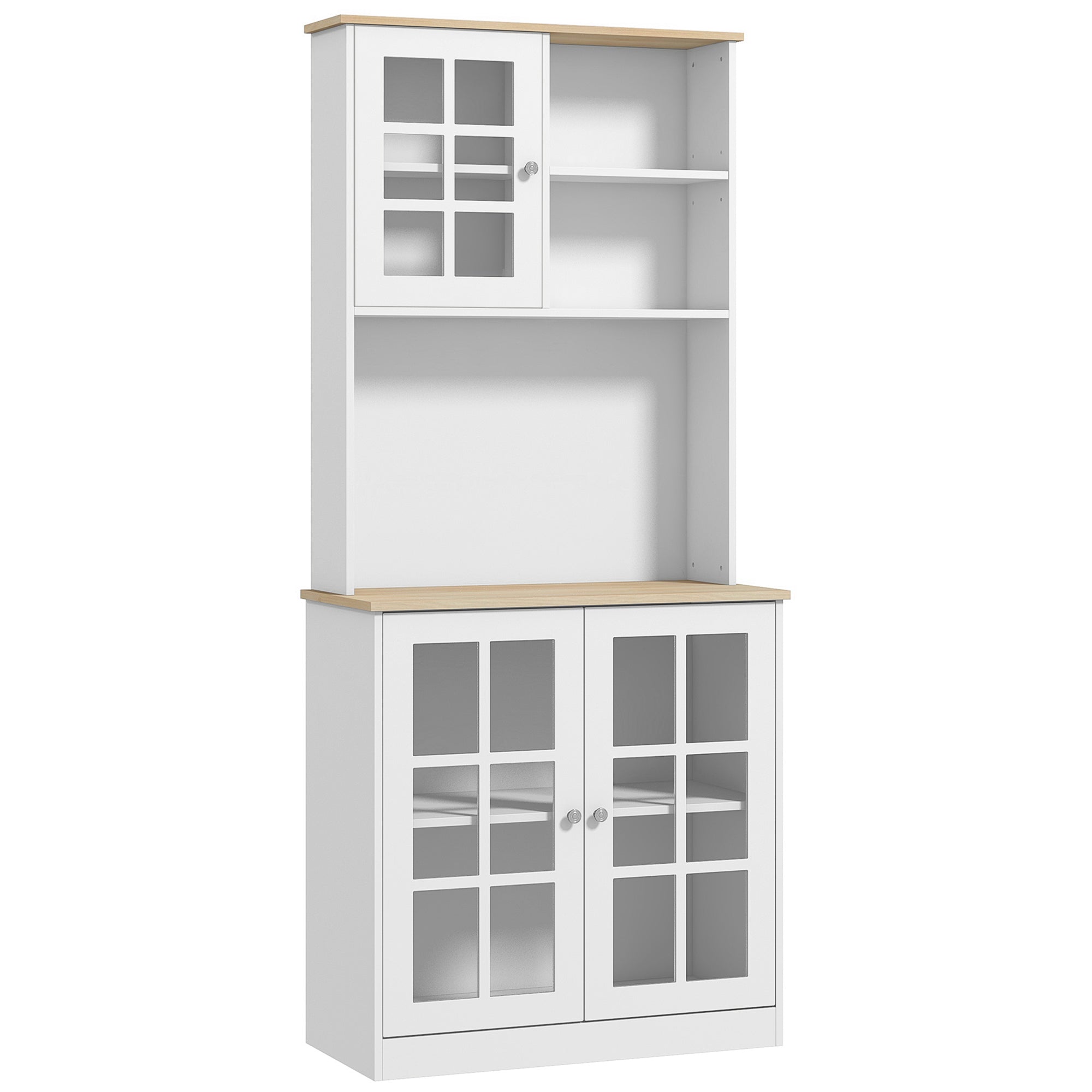 HOMCOM Freestanding Kitchen Cupboard, Storage Cabinet with Doors and Adjustable Shelves, Counter Top, Grid Glass Doors, 80L x 37W x 183H cm - White 