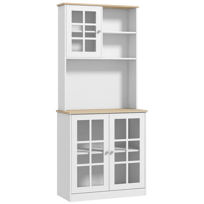 HOMCOM Freestanding Kitchen Cupboard, Storage Cabinet with Doors and Adjustable Shelves, Counter Top, Grid Glass Doors, 80L x 37W x 183H cm - White 