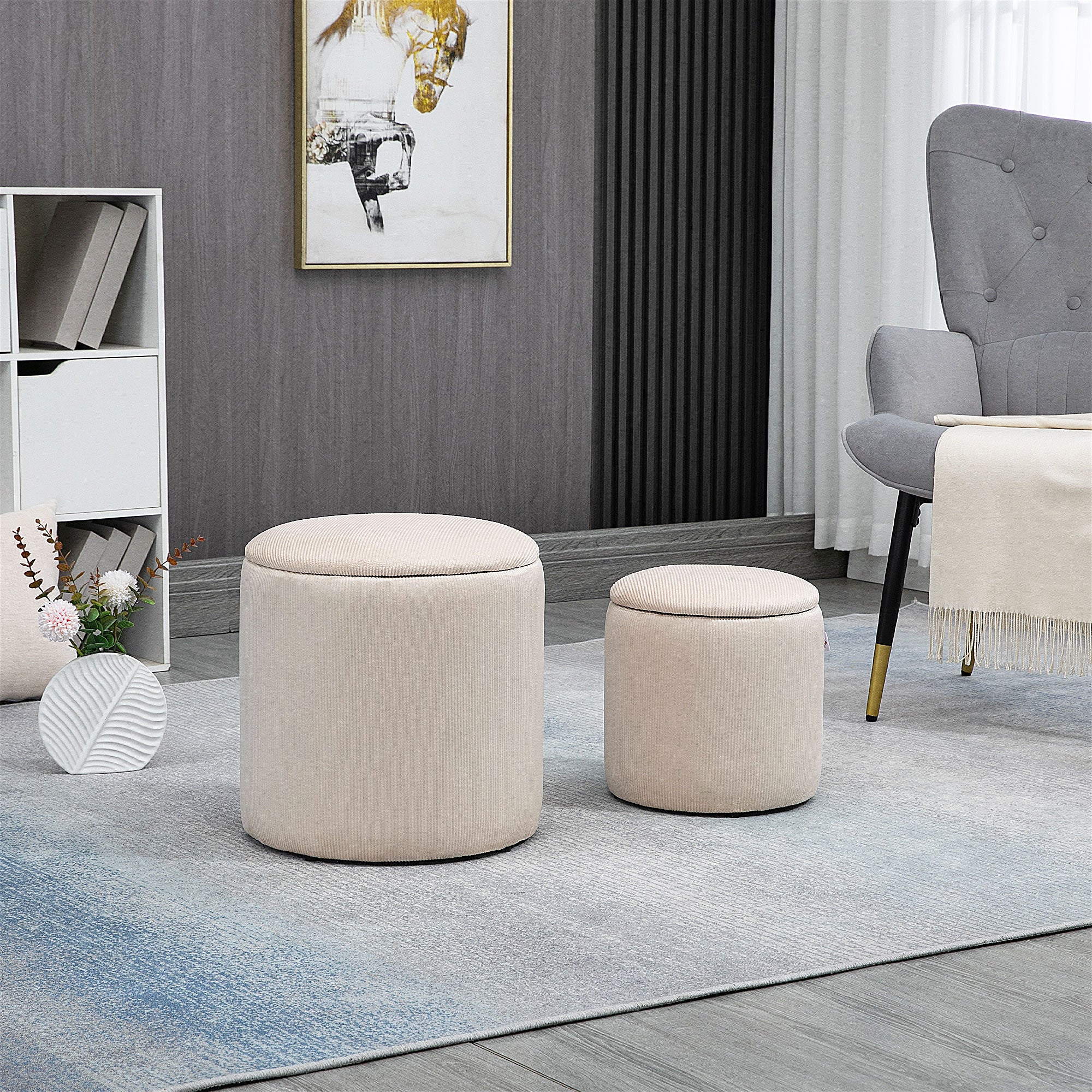 HOMCOM Modern Storage Ottoman with Removable Lid, Fabric Storage Stool, Foot Stool, Dressing Table Stool Side Table, Set of 2, Cream White