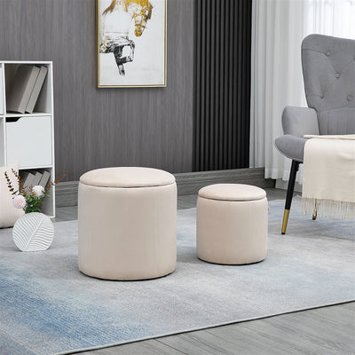 HOMCOM Modern Storage Ottoman with Removable Lid, Fabric Storage Stool, Foot Stool, Dressing Table Stool Side Table, Set of 2, Cream White 