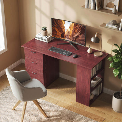 HOMCOM Computer Desk, Writing Table, PC Workstation with 3 Storage Shelves and Drawers, Handle, for Home Office, Walnut Brown 