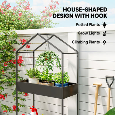 Outsunny 2 Tier Plant Stand, Outdoor Indoor Metal Plant Stand with Hook, House-Shaped Pots Holder Display Rack, Black 