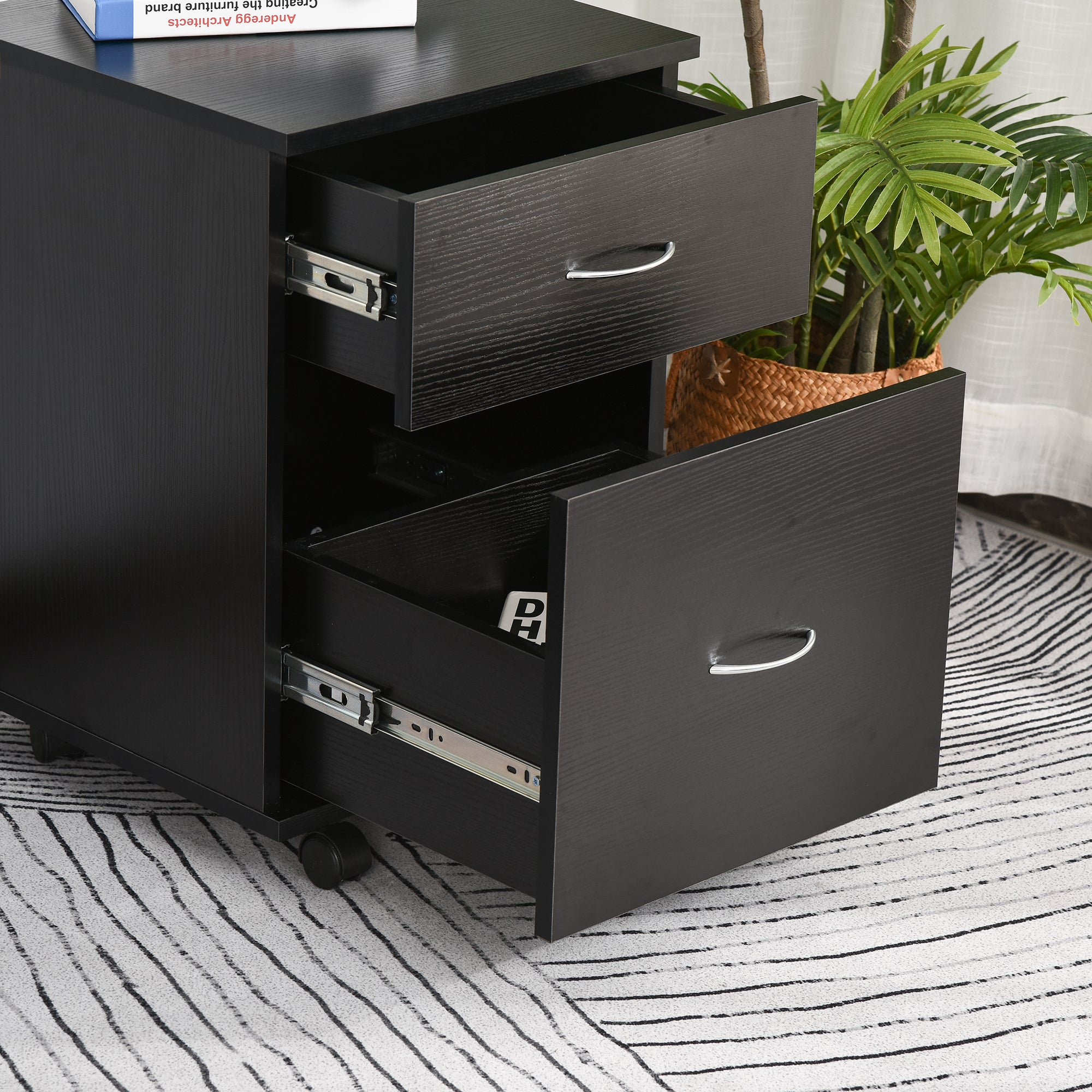 HOMCOM Two Drawer Filing Cabinet with Wheels- Black Wood Grain 