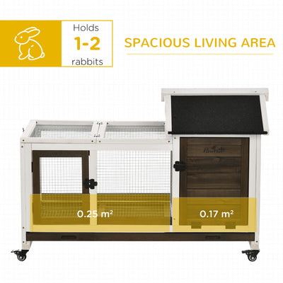 PawHut Wooden Rabbit Hutch, Guinea Pig Cage, with Removable Tray, Wheels - Brown 