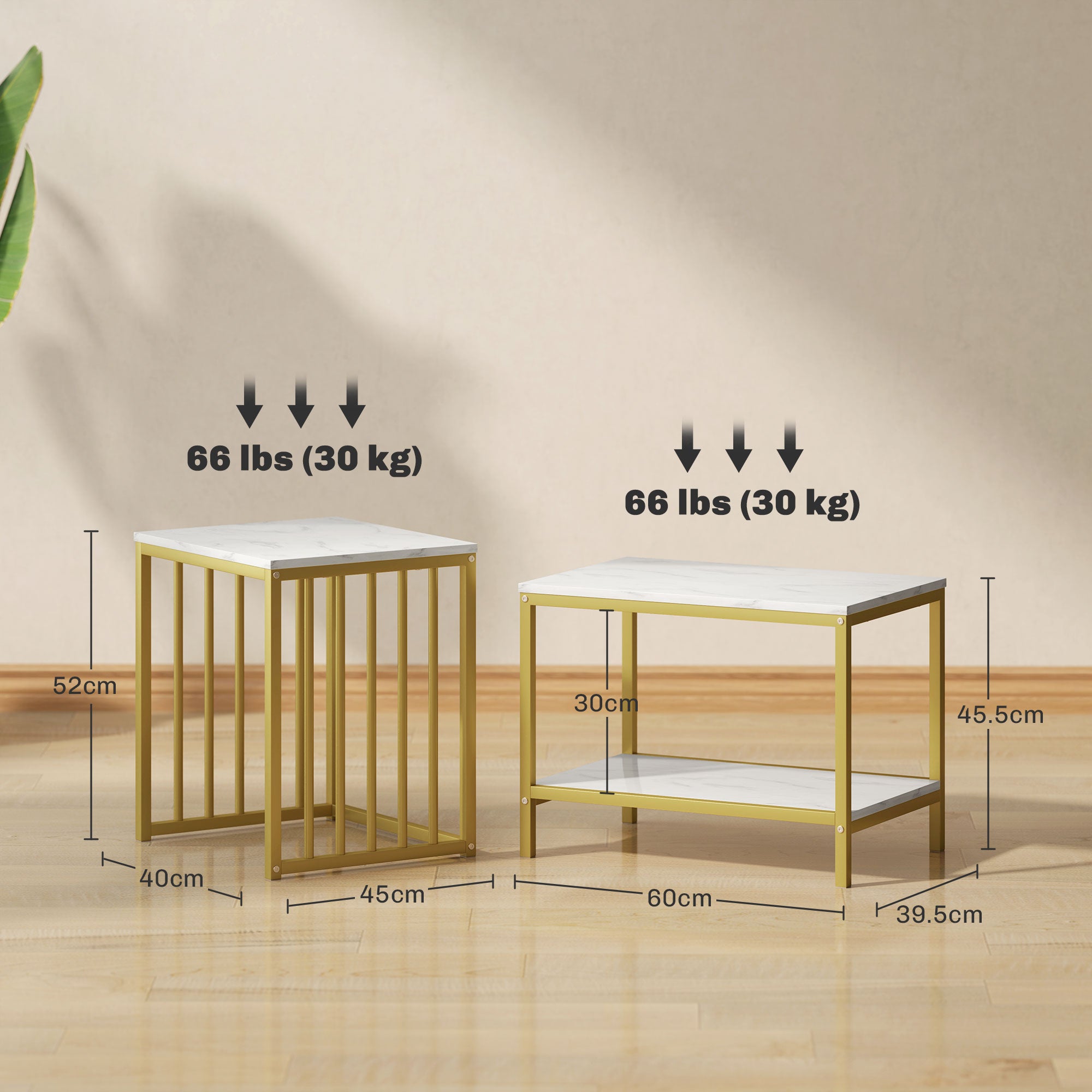 HOMCOM Modern Coffee Table Set of Two, Marble-Effect Nesting Side Tables with Steel Frame for Living Room, Gold Tone 