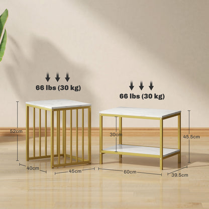 HOMCOM Modern Coffee Table Set of Two, Marble-Effect Nesting Side Tables with Steel Frame for Living Room, Gold Tone 