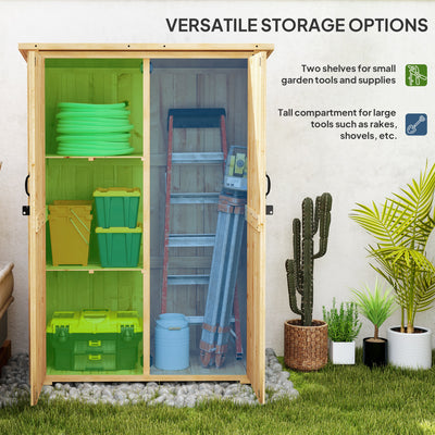 Outsunny Wooden Garden Storage Shed, Tool Storage Cabinet with Asphalt Roof and 2 Shelves for Garden Tools, Equipment, Outdoor Tool Shed with Double Doors, Natural 