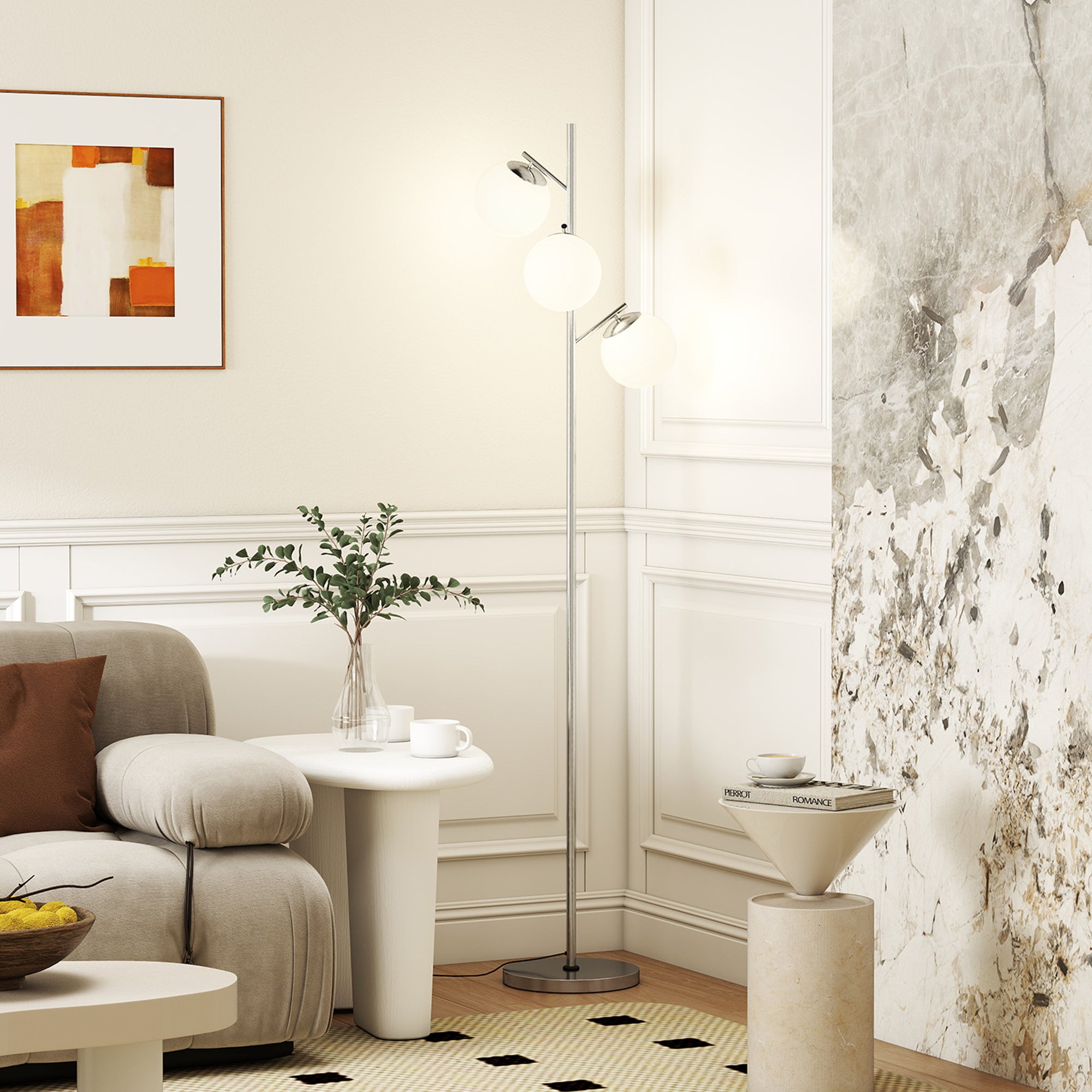 HOMCOM 3-Light Tree Floor Lamps for Living Room, Modern Standing Lamp for Bedroom with Globe Lampshade, 3000K/4000K/6000K Colour Temperatures, Steel Base, Silver Tone