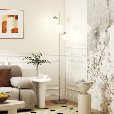 HOMCOM 3-Light Tree Floor Lamps for Living Room, Modern Standing Lamp for Bedroom with Globe Lampshade, 3000K/4000K/6000K Colour Temperatures, Steel Base, Silver Tone 