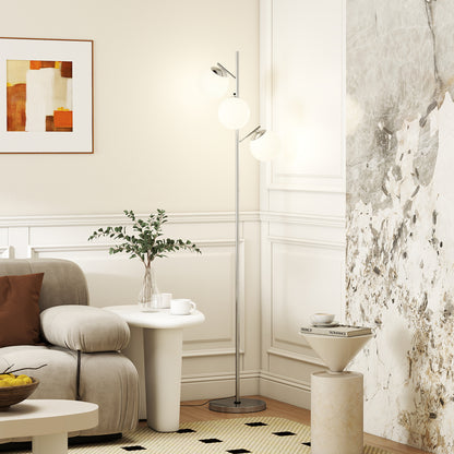 HOMCOM 3-Light Tree Floor Lamps for Living Room, Modern Standing Lamp for Bedroom with Globe Lampshade, 3000K/4000K/6000K Colour Temperatures, Steel Base, Silver Tone
