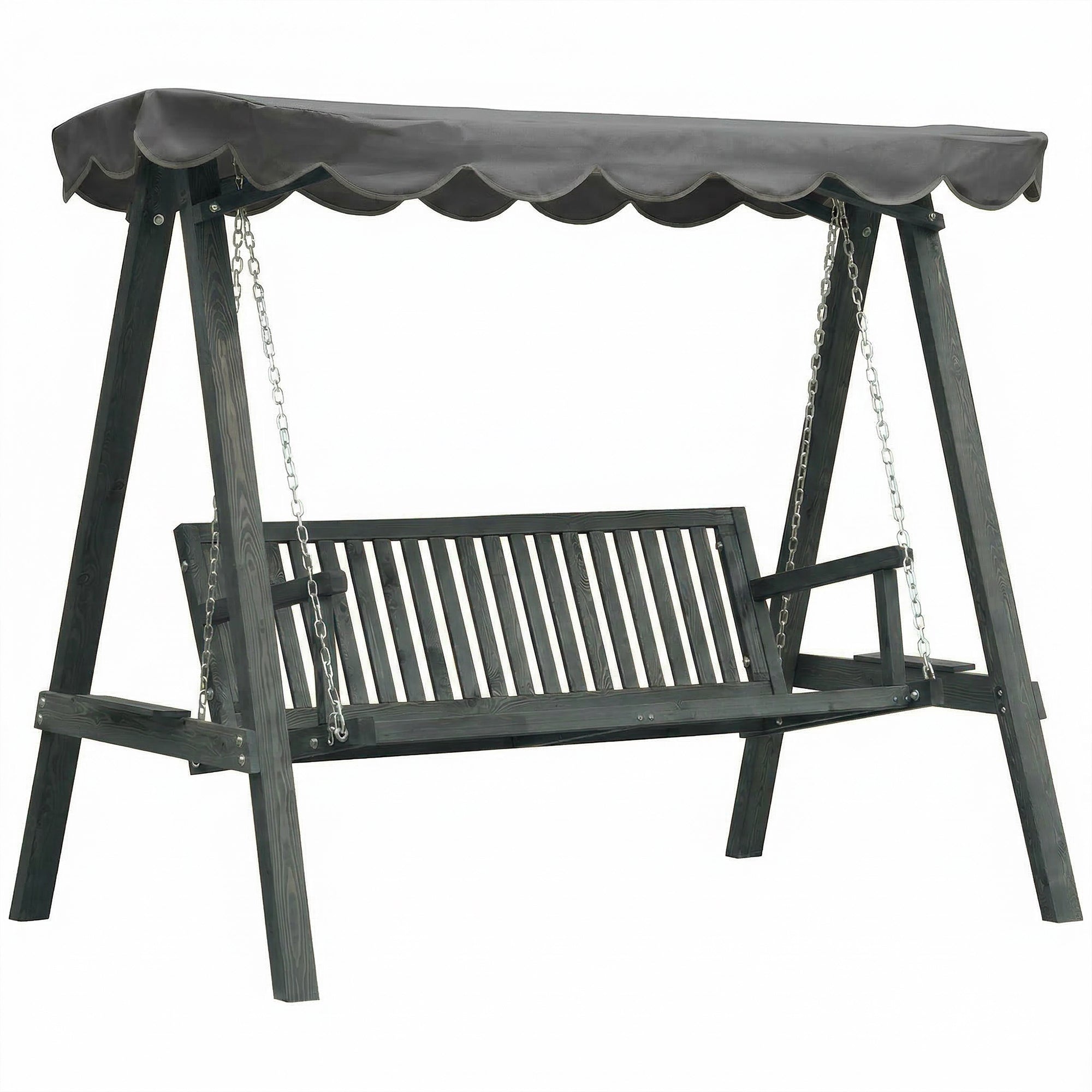 Outsunny 3 Seater Garden Swing Seat with Canopy, Wooden Swing Chair, Outdoor Hammock Bench for Balcony Patio Porch, Grey 