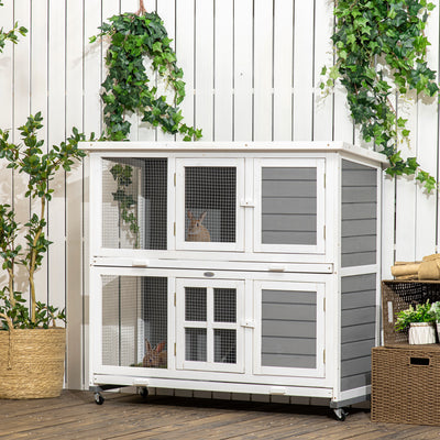 PawHut Wooden Rabbit Hutch, Two-Tier Guinea Pig Cage, with Removable Tray, Wheels 