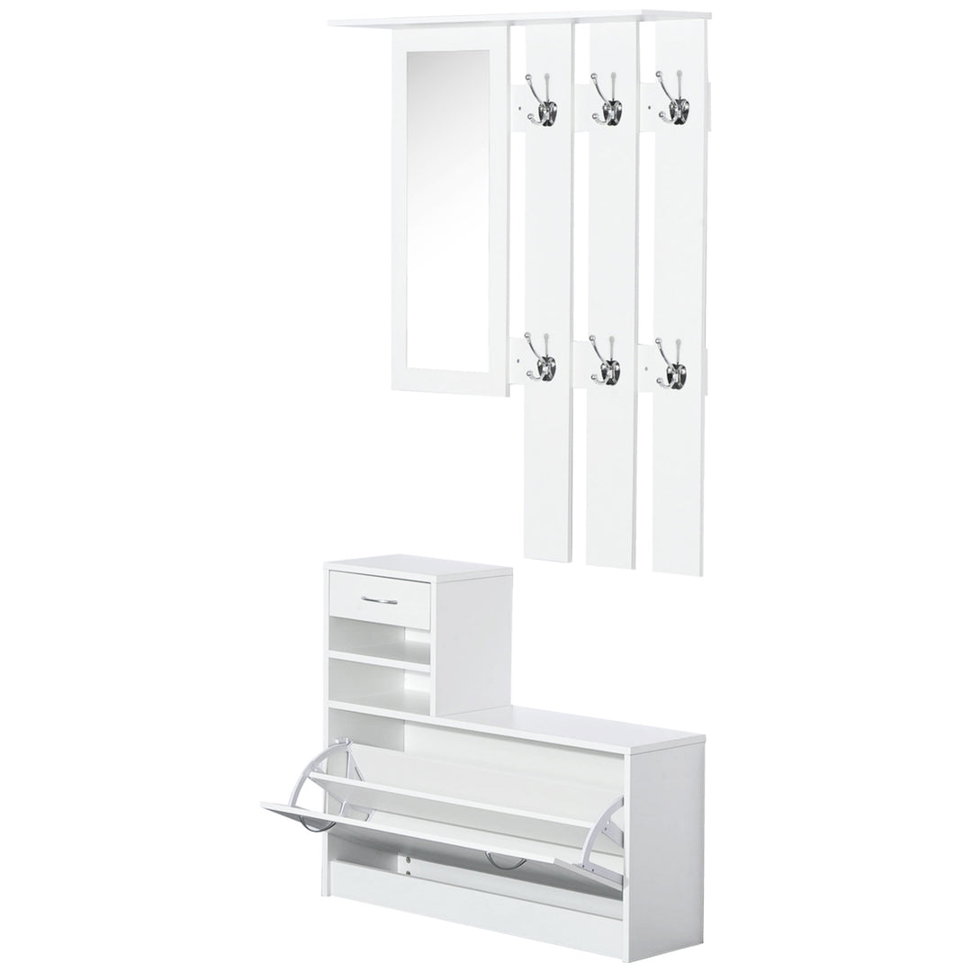 HOMCOM 2PC Shoes Storage Chest Cloths Rack Unit w/Mirror Multiple Shelves Large Storage Capacity Shoes Cabinet 6 Hooks Cloth Rack White 