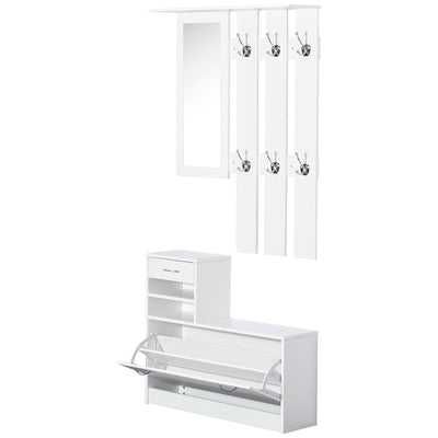 HOMCOM 2PC Shoes Storage Chest Cloths Rack Unit w/Mirror Multiple Shelves Large Storage Capacity Shoes Cabinet 6 Hooks Cloth Rack White 