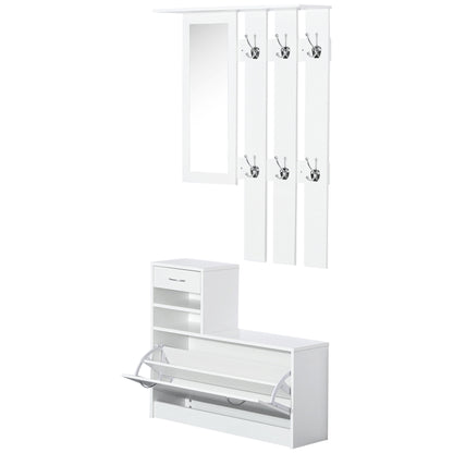 HOMCOM 2PC Shoes Storage Chest Cloths Rack Unit w/Mirror Multiple Shelves Large Storage Capacity Shoes Cabinet 6 Hooks Cloth Rack White 