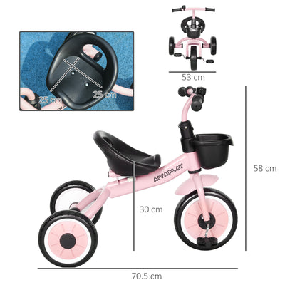 AIYAPLAY Kids Trike, Tricycle, with Adjustable Seat, Basket, Bell, for Ages 2-5 Years - Pink 