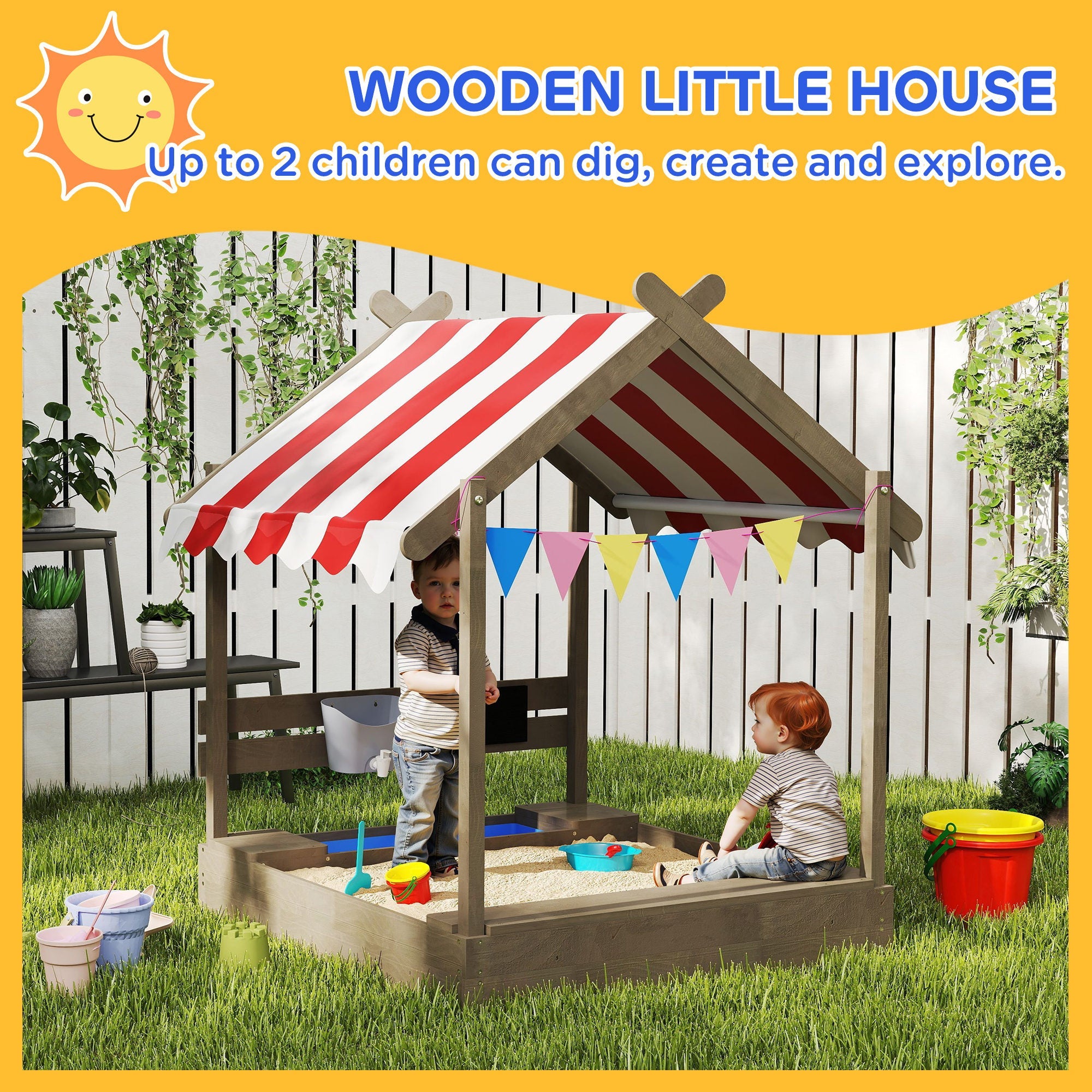 Outsunny House-Designed Wooden Sandbox, Outdoor Sandpit, with Blackboard, Toys, Sink, Seats, Flags, for Ages 3-7 Years - Grey 