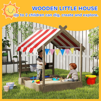 Outsunny House-Designed Wooden Sandbox, Outdoor Sandpit, with Blackboard, Toys, Sink, Seats, Flags, for Ages 3-7 Years - Grey 