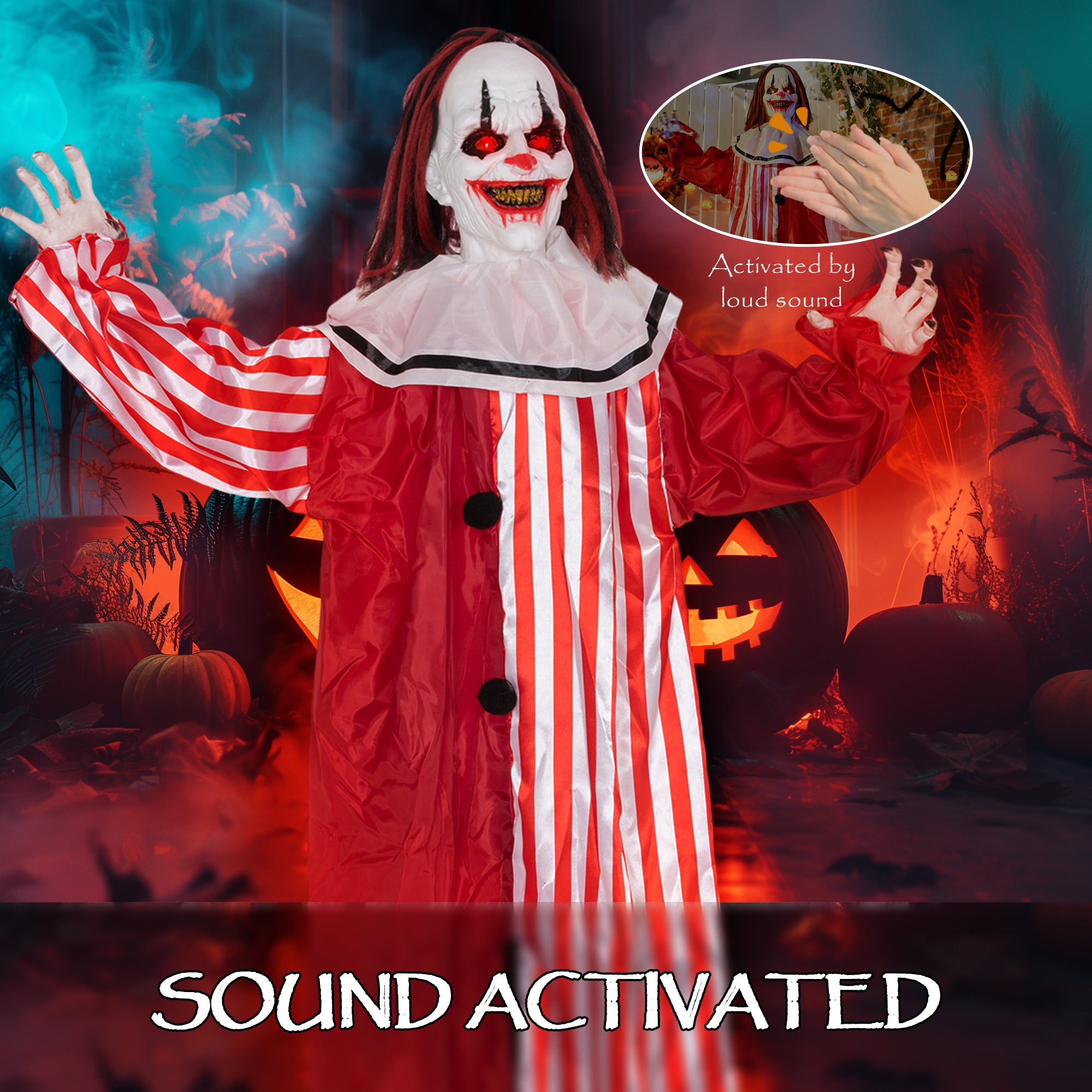 Outsunny 165 cm Life Size Halloween Animated Clown with Red Light Up Eyes, Sound Activated Moving Body, Scary Clown Halloween Decorations, Battery Operated, Indoor Party Props